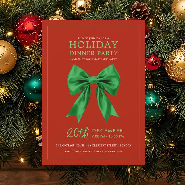 Convite Holiday Dinner Party Green Satin Bow Red (Holiday Dinner Party Green Satin Bow Red Invitation)