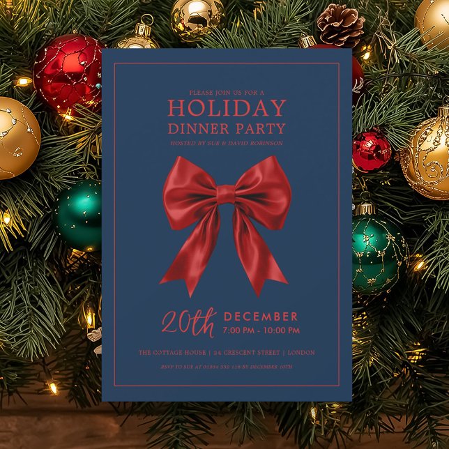 Convite Holiday Dinner Party Red Satin Bow Navy  (Holiday Dinner Party Red Satin Bow Navy Invitation)