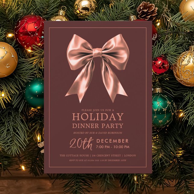 Convite Holiday Dinner Party Rose Gold Satin Bow Burgundy  (Holiday Dinner Party Rose Gold Satin Bow Burgundy Invitation)