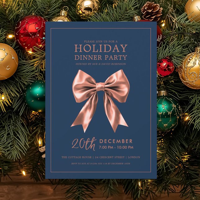 Convite Holiday Dinner Party Rose Gold Satin Bow Navy Blue (Holiday Dinner Party Rose Gold Satin Bow Navy Blue Invitation)
