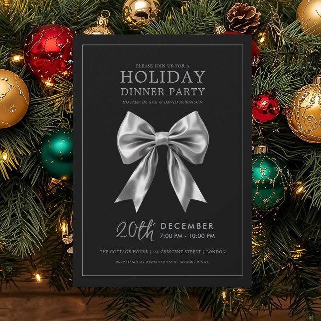Convite Holiday Dinner Party Silver Satin Bow Black (Holiday Dinner Party Silver Satin Bow Black Invitation)