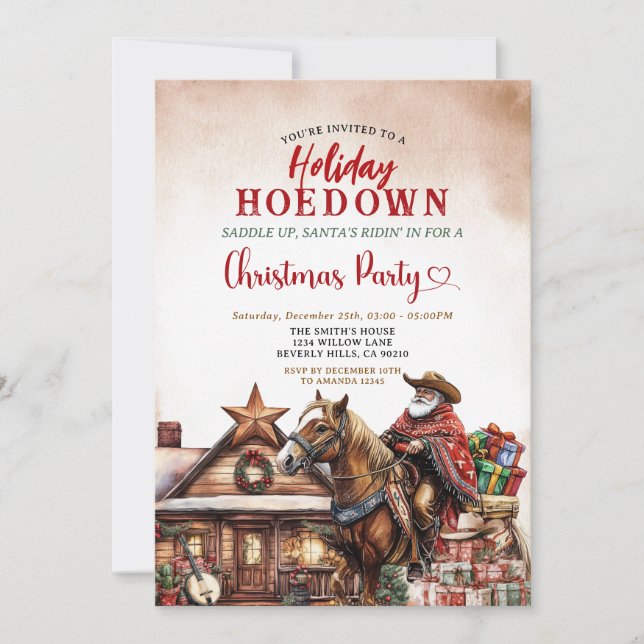 Convite Holiday Hoedown Western Christmas Santa Cowboy (Frente)