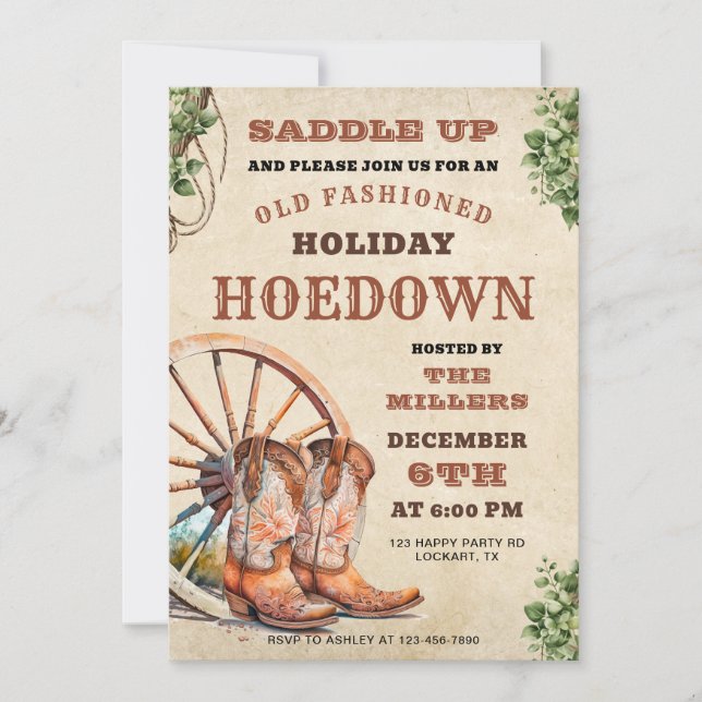 Convite Holiday Hoedown, Western Invite, Vaqueiro de Natal (Frente)