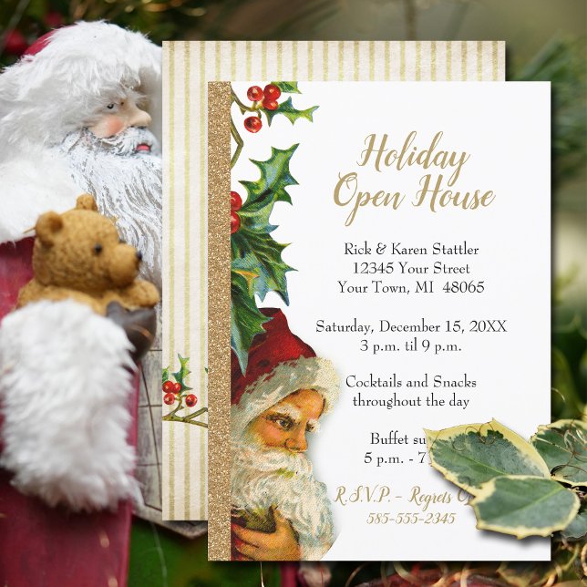 Convite Holiday Open House - Papais noeis Dourados com bri (Festive Holiday Open House invitation with vintage Santa and faux gold glitter.)