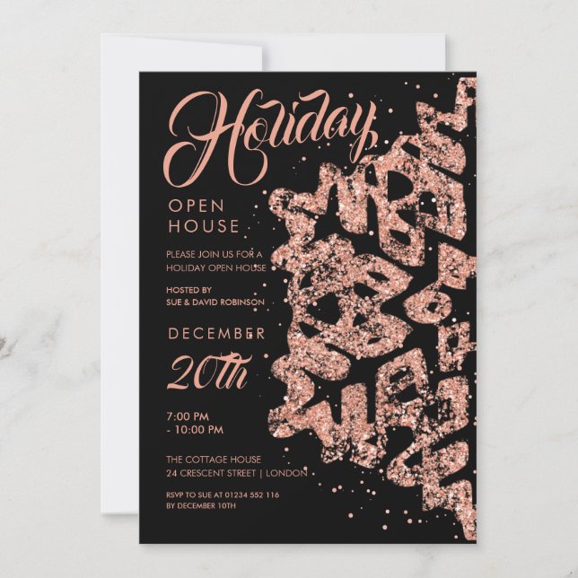 Convite Holiday Open House Rosa Dourado Glitter Black (Frente)