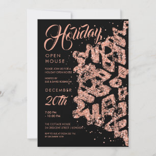 Convite Holiday Open House Rosa Dourado Glitter Black