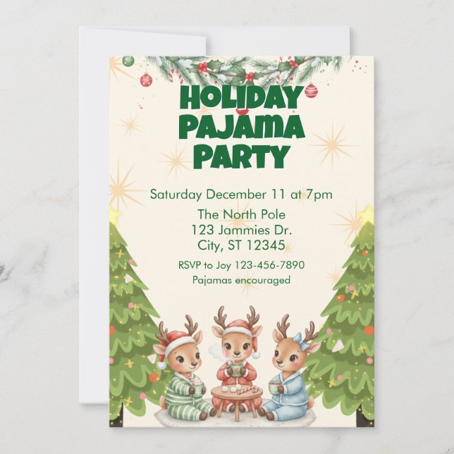 Convite Holiday Pajama Party, reindeer and cocoa (Frente)