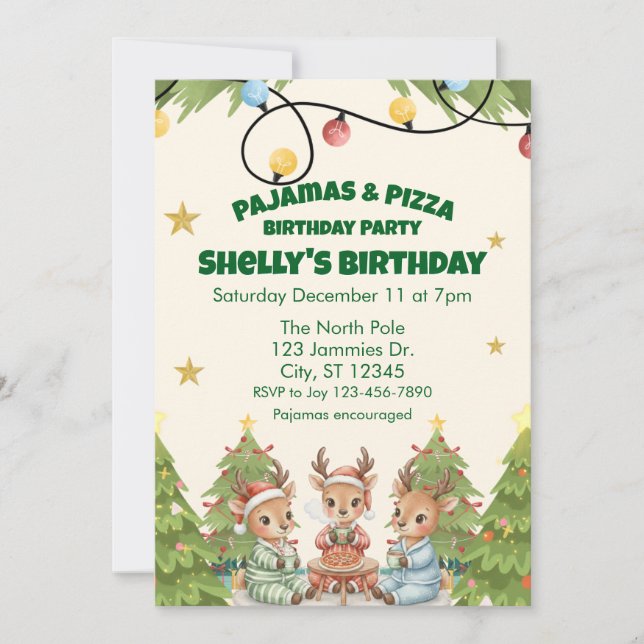 Convite Holiday Pajama Pizza Birthday Party, reindeer (Frente)