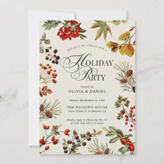Convite Holiday Party Botanical Plants Berries Script