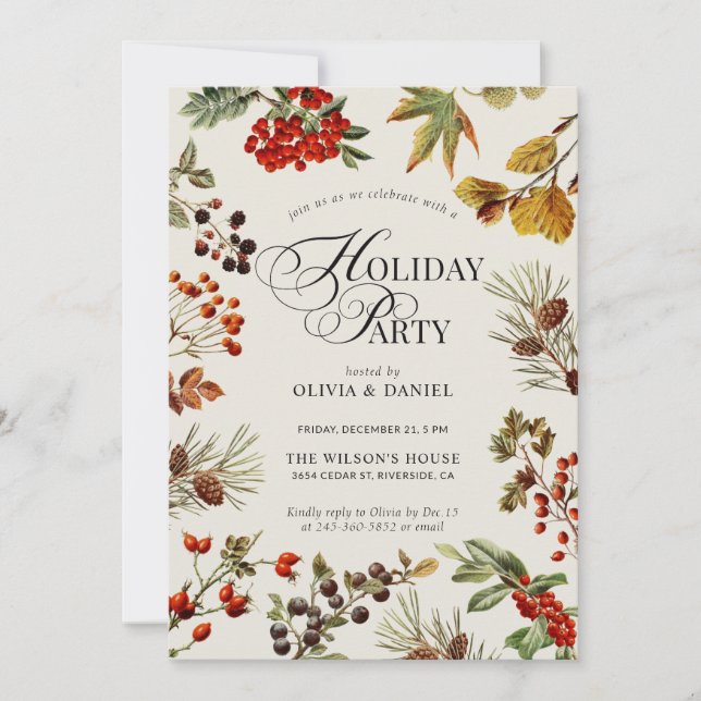 Convite Holiday Party Botanical Plants Berries Script (Frente)