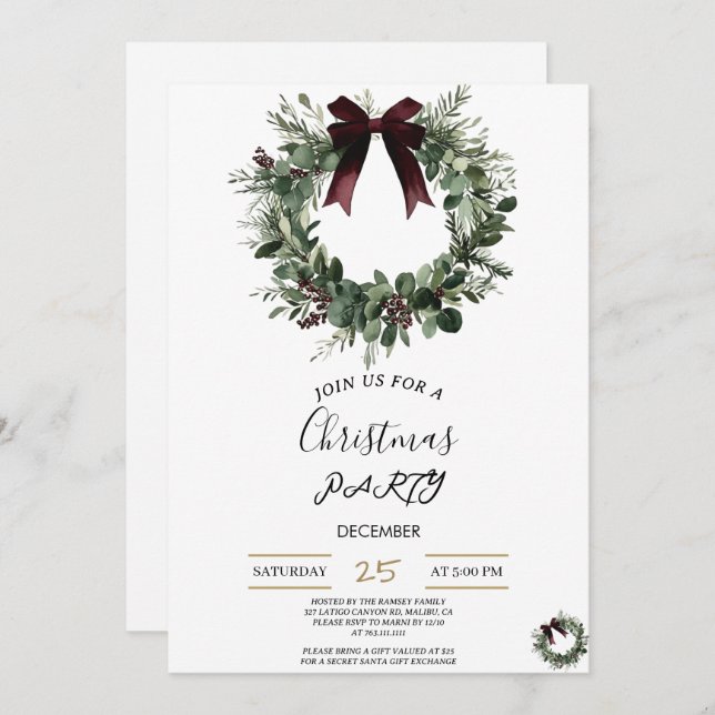 Convite Holiday Party Invitation Elegant Christmas Wreath (Frente/Verso)