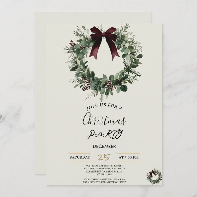 Convite Holiday Party Invitation Elegant Christmas Wreath (Frente/Verso)