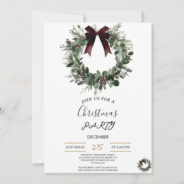 Convite Holiday Party Invitation Elegant Christmas Wreath (Frente)