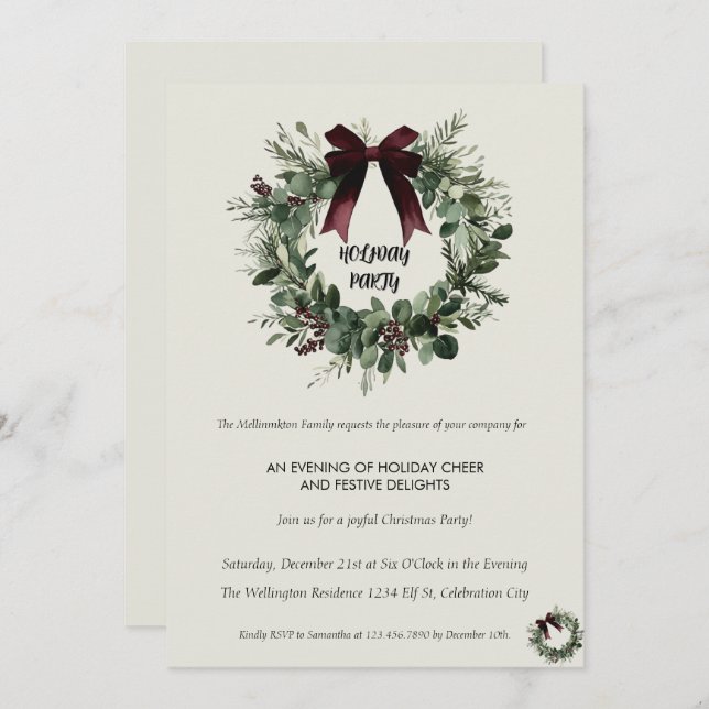 Convite Holiday Party Invitation Elegant Christmas Wreath (Frente/Verso)