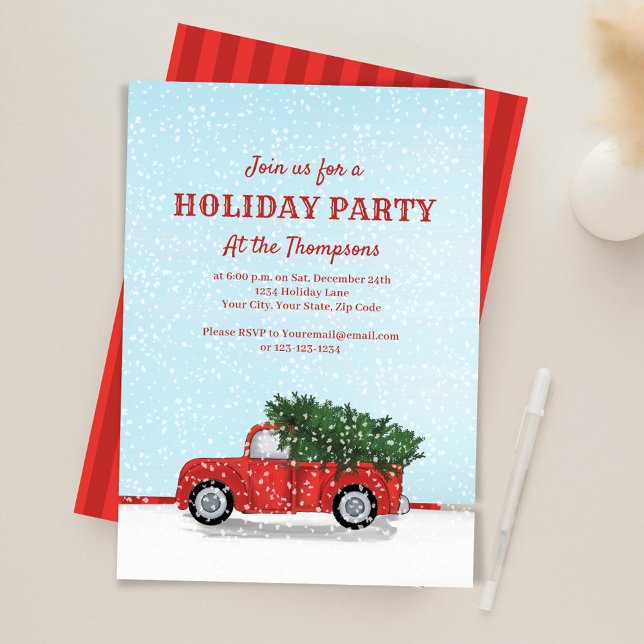 Convite Holiday Party Red Truck Classic Custom (Red rustic truck custom Holiday party invitations.)