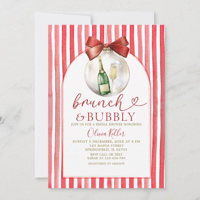 Convite Holiday Red Brunch & Bubbly Bridal Shower (Frente)
