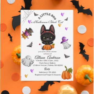 Convite Holloween Black Cat Pumpkin Little Boo Show