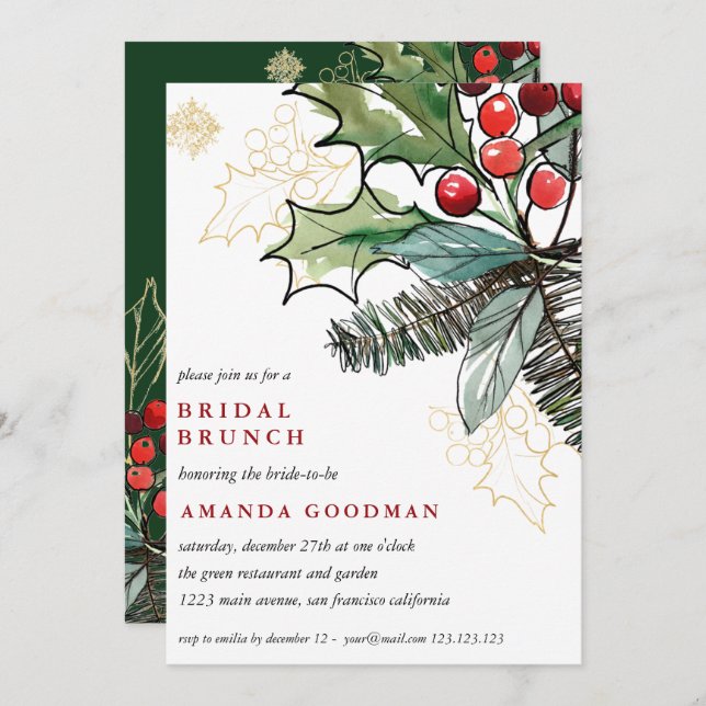 Convite Holly Berries Casamento de Natal Bridal Brunch (Frente/Verso)