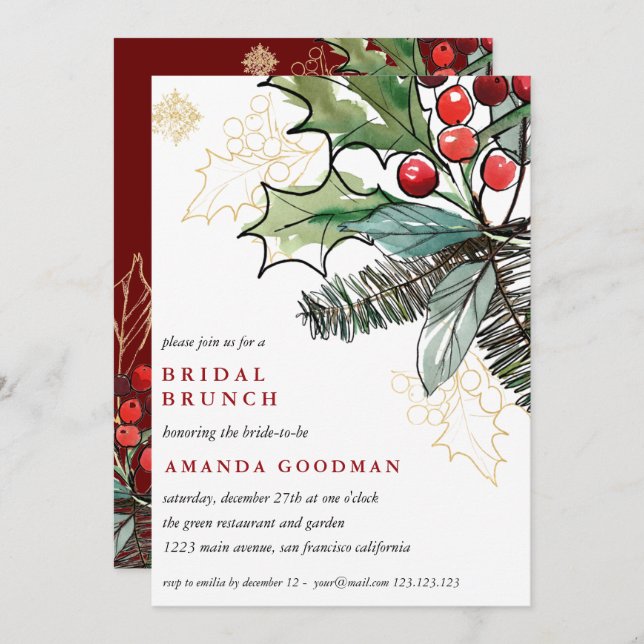Convite Holly Berries Casamento de Natal Bridal Brunch (Frente/Verso)