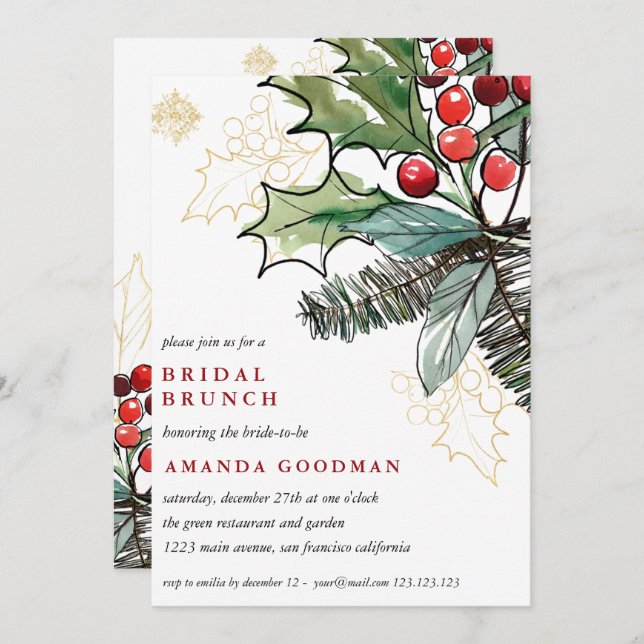 Convite Holly Berries Casamento de Natal Bridal Brunch (Frente/Verso)