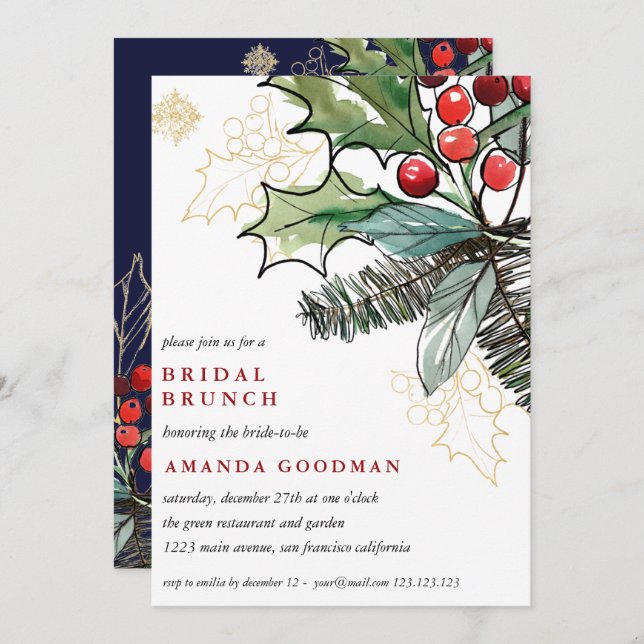 Convite Holly Berries Casamento de Natal Bridal Brunch (Frente/Verso)