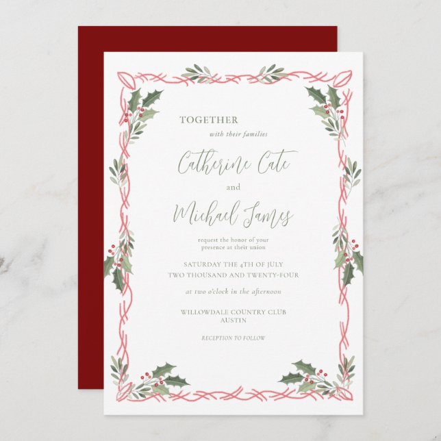 Convite Holly Berries Christmas Theme Wedding (Frente/Verso)