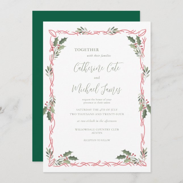 Convite Holly Berries Green Christmas Theme Wedding (Frente/Verso)