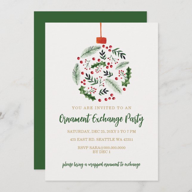 Convite Holly Berries Ornament Exchange Christmas Party (Frente/Verso)