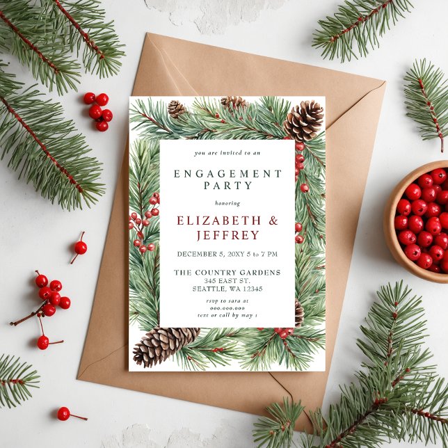 Convite Holly Berries Pine Festa de noivado de Natal (Holly Berries Pine Cone Christmas Engagement Party Invitation)