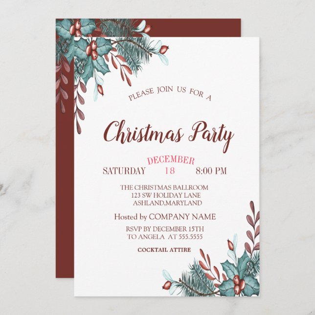 Convite Holly Berry Branch Partido da Companhia de Natal (Frente/Verso)
