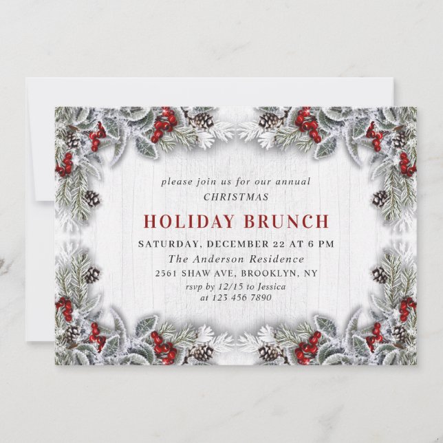 Convite Holly Berry Pine Cones Branch HOLIDAY BRUNCH (Frente)