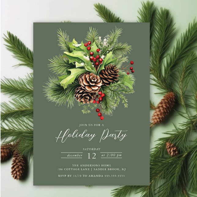 Convite Holly Berry Pine Holiday Party (Criador carregado)