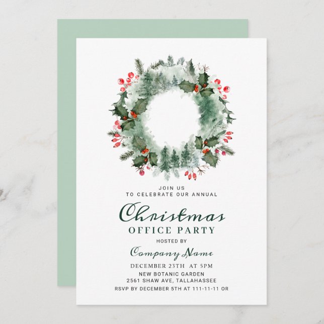 Convite Holly Berry Pine Wreath Corporate Christmas Party (Frente/Verso)