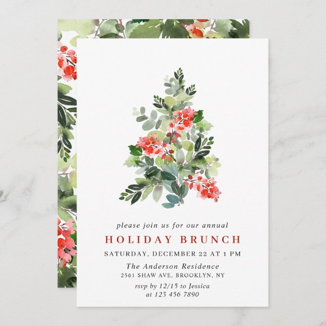 Convite Holly Berry Tree CHRISTMAS HOLIDAY BRUNCH (Frente/Verso)