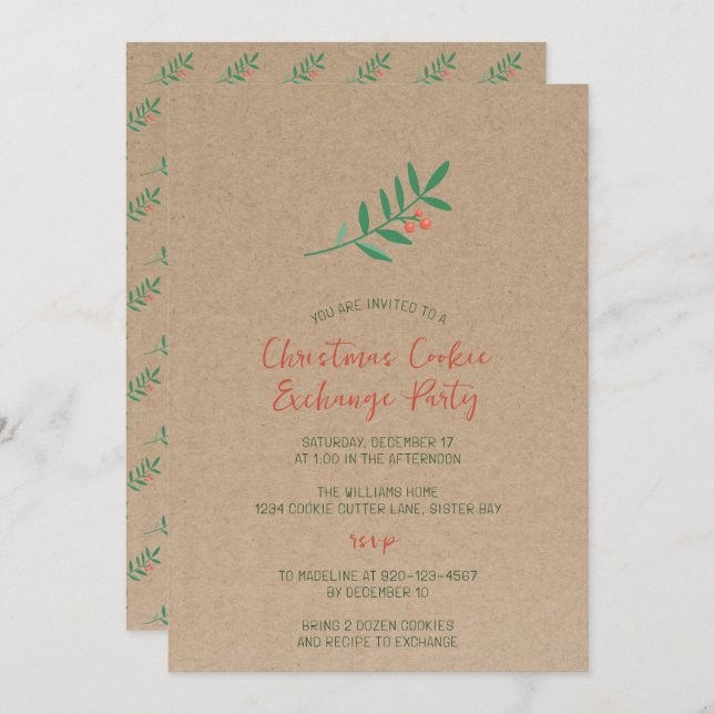 Convite Holly Christmas Cookie Exchange Partido Kraft (Frente/Verso)
