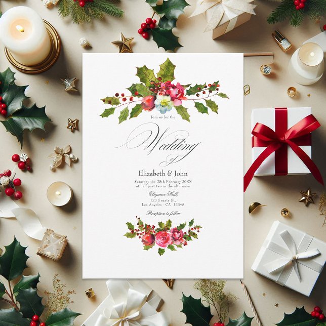 Convite Holly de Natal e Ivy com Casamento Rosa vermelha (Christmas Holly and Ivy with Red Roses Wedding Invitation)
