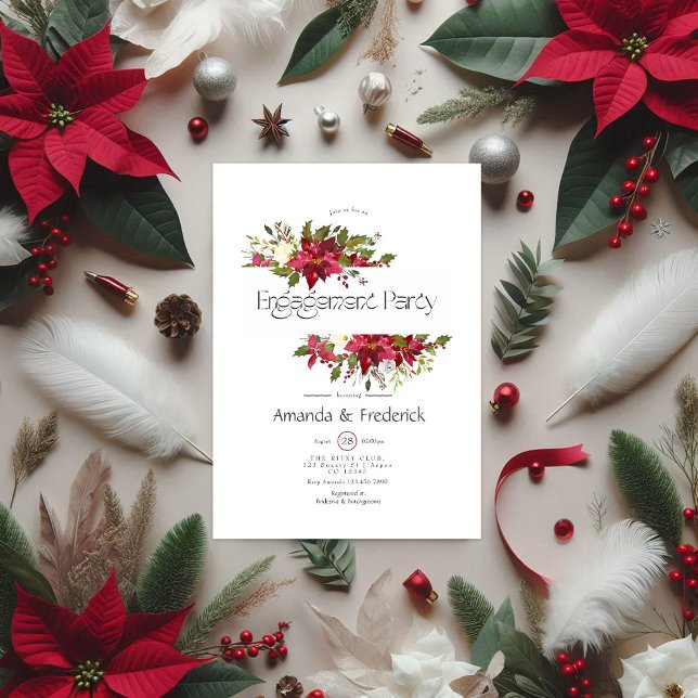 Convite Holly e Poinsettia Festa de noivado de Natal (Watercolor Floral Christmas Engagement Party Invitation)