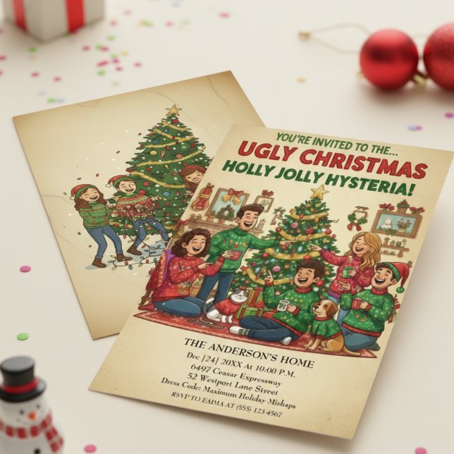 Convite Holly Jolly Hysteria Ugly Sweater Christmas Party  (Criador carregado)
