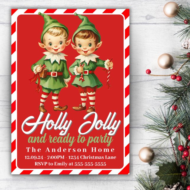 Convite Holly Jolly Natais vintages Elves Foliday (Holly Jolly Vintage Christmas Elves Holiday Party Invitation)