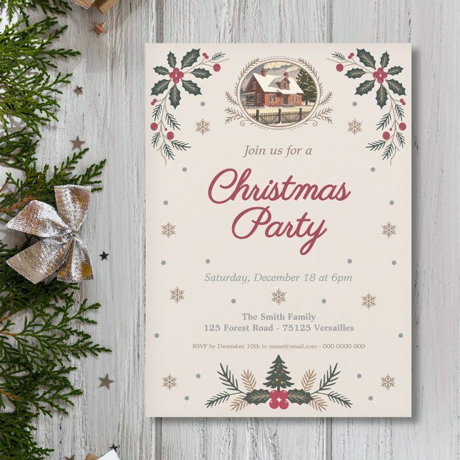 Convite Holly Leaves & Berries - Partido Natal vintage (Holly Leaves & Berries - Vintage Christmas Party Invitation)