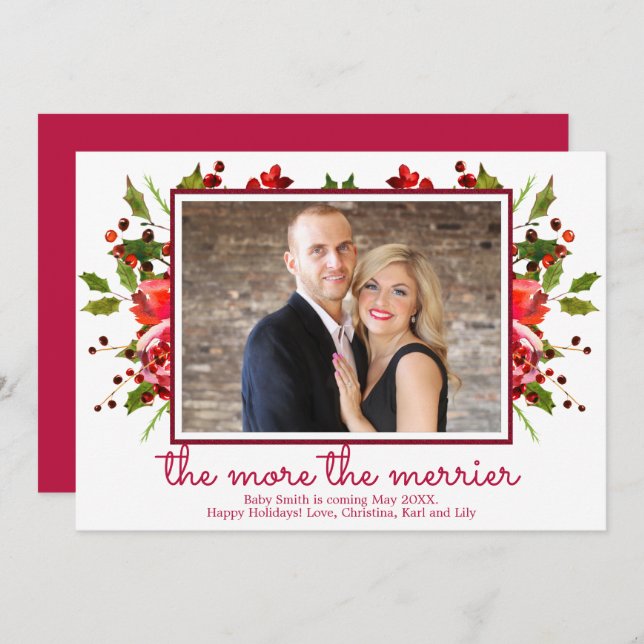 Convite Holly Photo Christmas Pregnancy Announards (Frente/Verso)