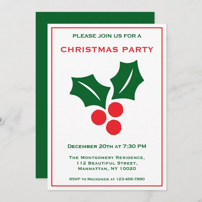 Convite Holly Red White E Green Name Festa De Natal Divert (Frente/Verso)