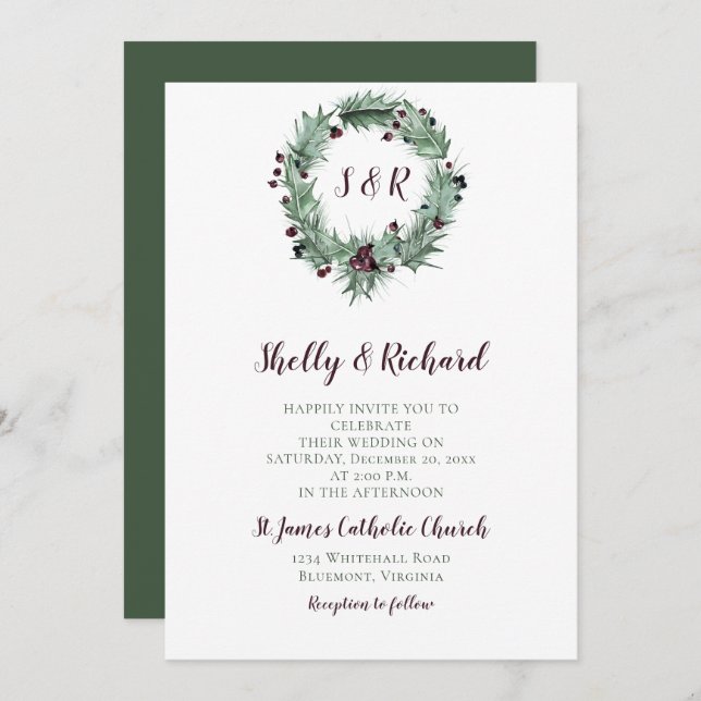 Convite Holly Sai, Berries, Ferns Wreath Casamento no inve (Frente/Verso)