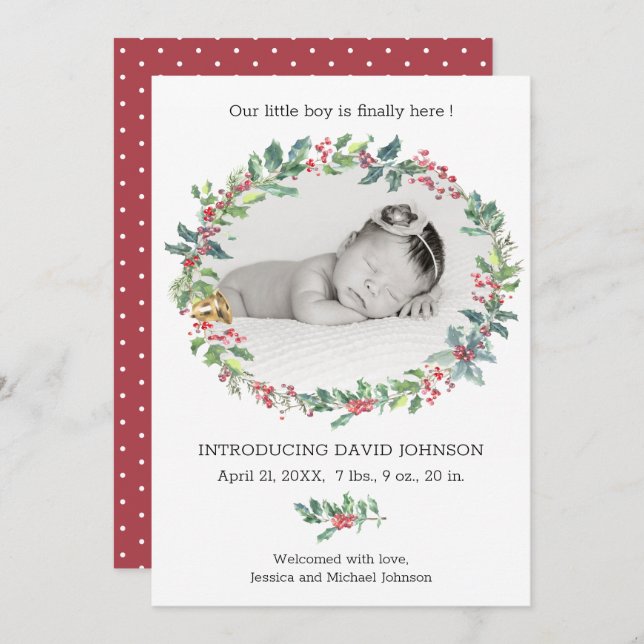 Convite Holly Wreath Baby Boy Holiday Announing (Frente/Verso)