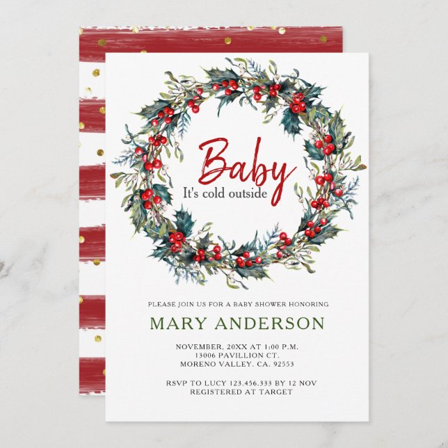 Convite Holly Wreath Chá de fraldas de Natal (Frente/Verso)