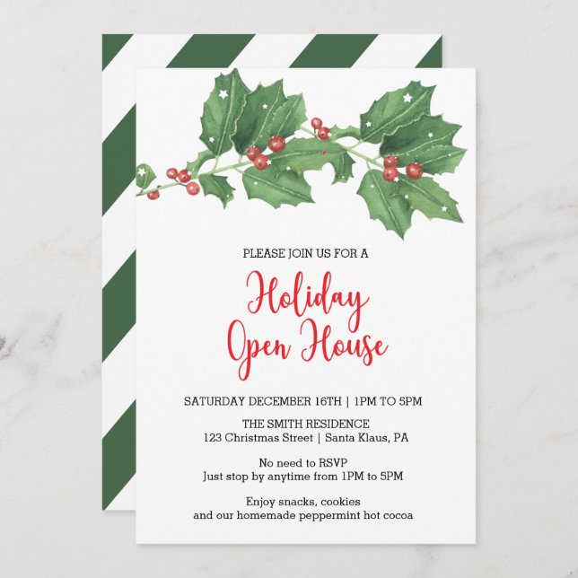 Convite Holly Wreath Holiday Open House (Frente/Verso)