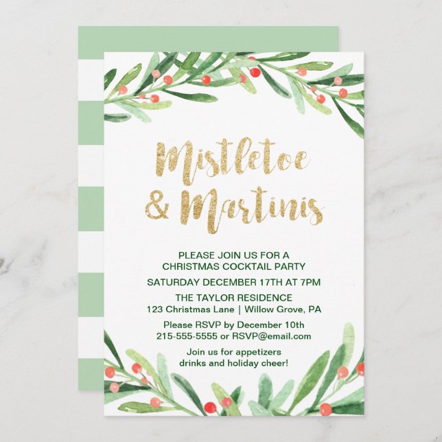 Convite Holly Wreath Mistletoe Martinis, Partido Cocktail (Frente/Verso)