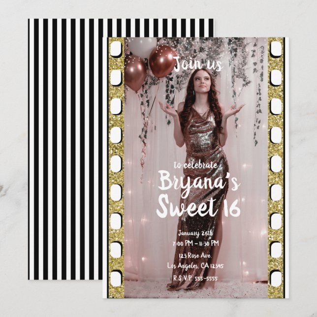 Convite Hollywood Movie Dourado Glitter Film Sweet 16 Part (Frente/Verso)