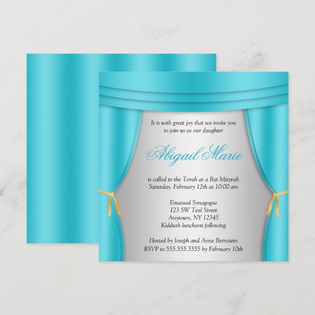 Convite Hollywood Teal Silver Curtain Bat Mitzvah Square (Frente/Verso)