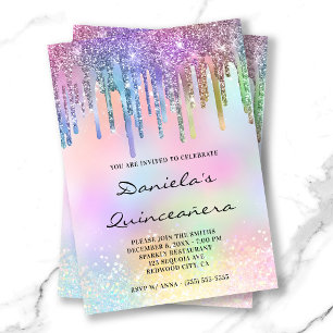 Convite Holo Brilho Arco-Íris Quinceañera